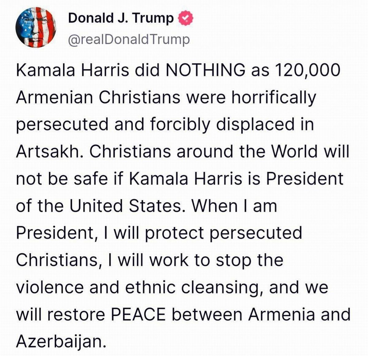 Trump promete restablecer la paz entre Armenia y Azerbaiyán y critica a Kamala Harris por su inacción en Artsaj