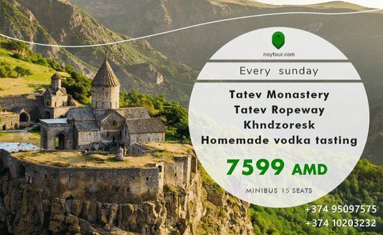 Publicidad de un tour por Armenia de tripadvisor. "¿Quieres probar el vodka armenio casero? 🔥🔥🔥 Este tour es especialmente para ti: 🔻Tatev" 