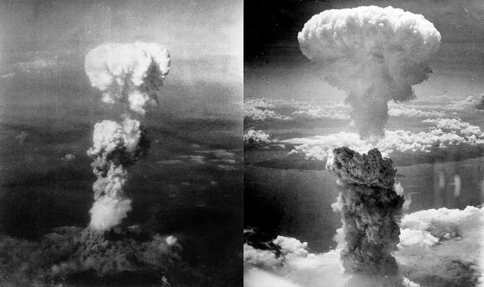 Nube de hongo producto de las bombas atómicas sobre Hiroshima (izquierda) y Nagasaki (derecha) de las armas nucleares de EE. UU